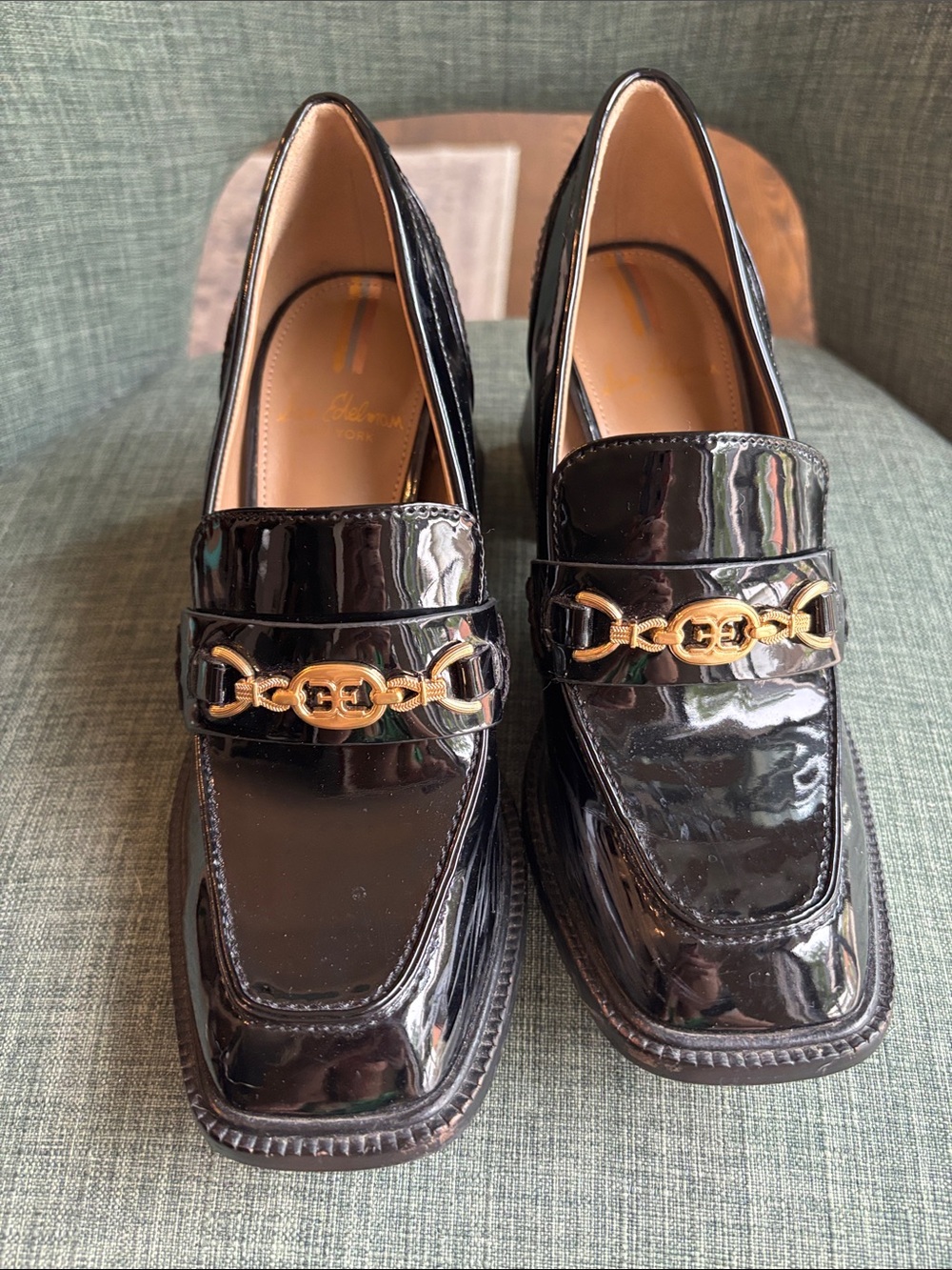 Sam Edelman QUINCY BLOCK HEEL LOAFER patent leather gold charm chunky women’s 6 - Picture 7 of 13